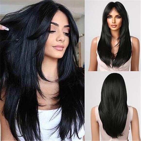 Long Black Wig with Bangs Straight Layered Wig for Women Natural Looking - Picture 7 of 7